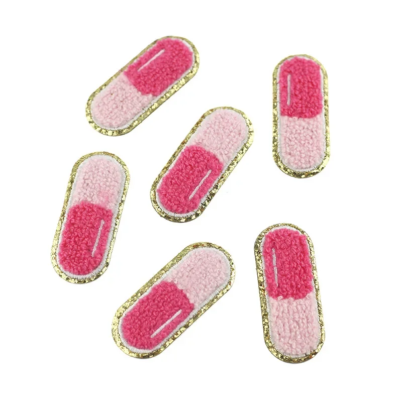 Pink Pill Gold Edge Cloth Towel Embroidered Patches Gritt Iron on Badge Chapter Chenille Gold Glitter DIY Bag Clothing Stickers