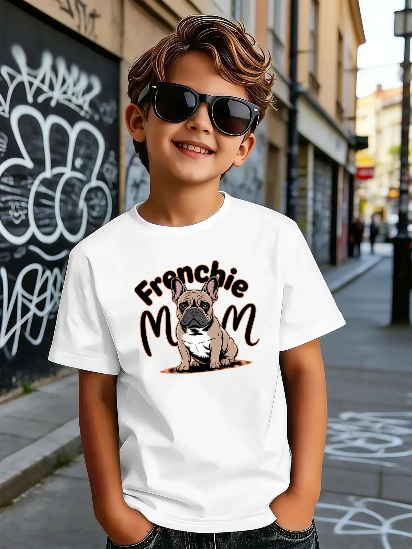 Cartoon French Bulldog Pet Letter Print Boys Girls Family Matching Cotton Short Sleeve Crew Neck Soft Summer Kids Casual Tees