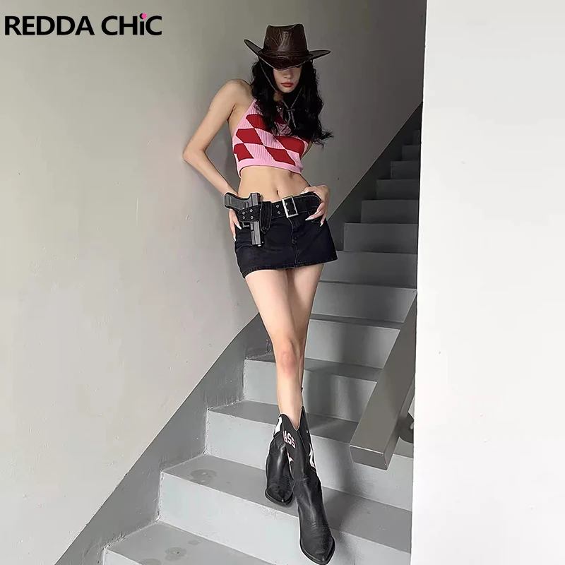 

Женские рваные джинсы REDDACHiC, черные однотонные повседневные трапециевидные облегающие джинсовые мини-юбки с поясом и низкой талией, летняя одежда в стиле ретро