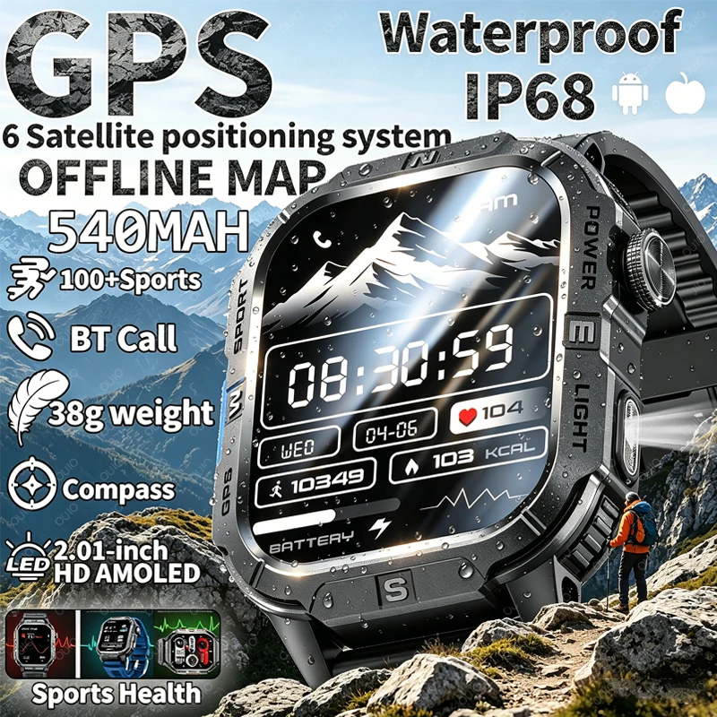 

2026GPS Outdoor Smart Watch 540mAh Large Battery 2.01 Inch HD Display Heart Rate IP68 Waterproof Compass BT Call Smart Watch Men
