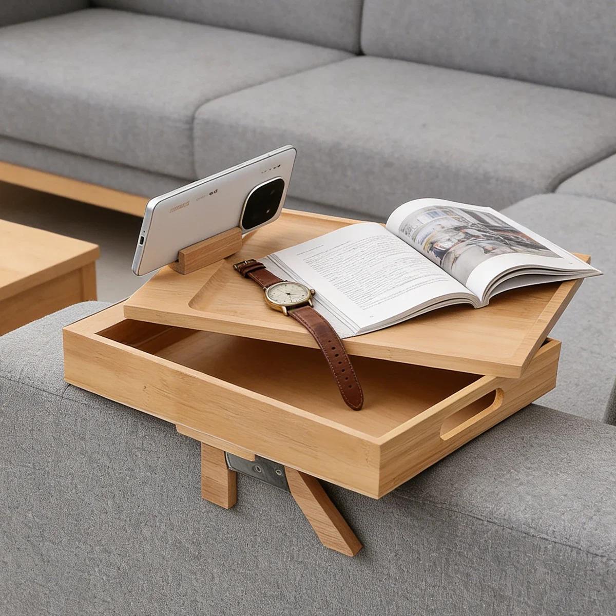 1pc Bamboo Sofa Tray with Lid for Living Room & Dorm, Multifunctional Snack Storage Tray.  Decorative Tray  Rolling Tray