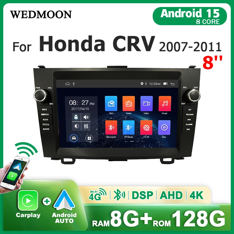 Autoradio Android 15 avec écran 8 pouces, Carplay, Bluetooth, 2DIN, lecteur multimédia GPS pour HONDA CR-V CRV 2007-2011