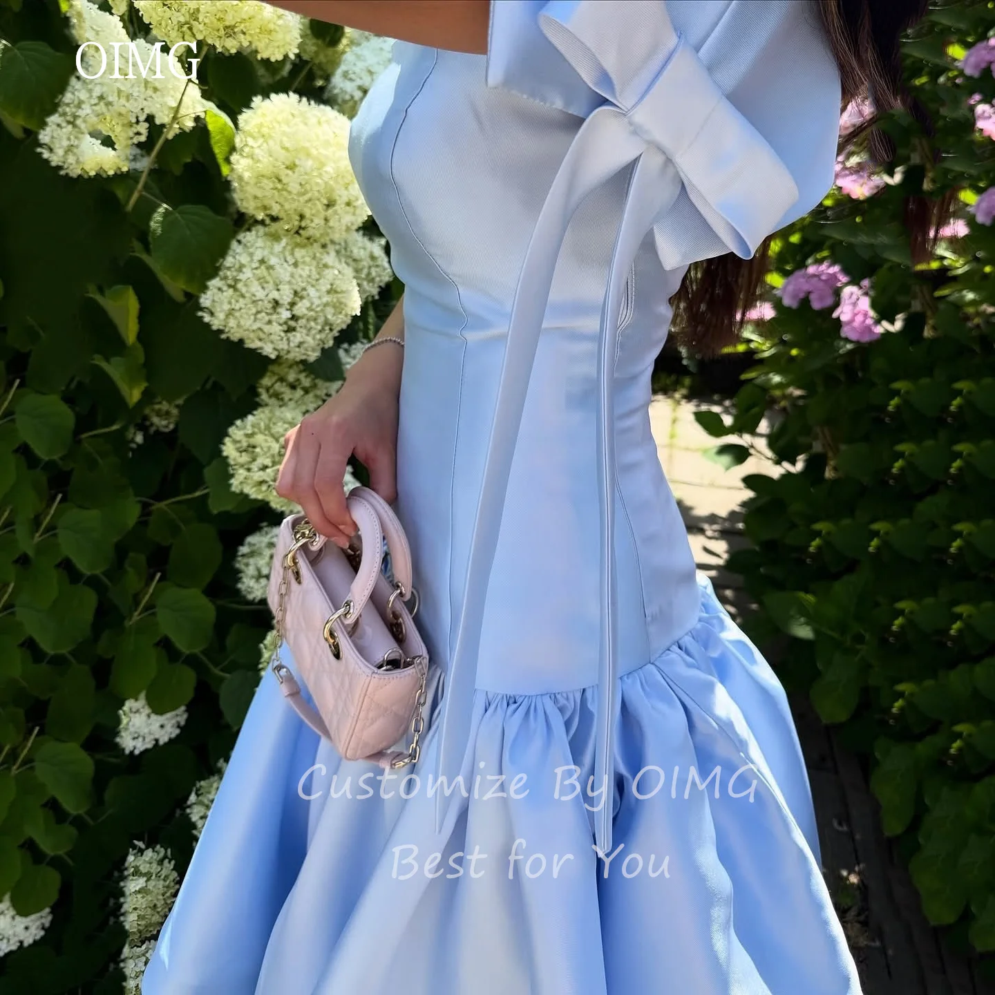 

OIMG современное небесно-голубое короткое платье с бантом и рукавами для выпускного вечера атласное вечернее платье с открытой спиной мини-вечернее платье по индивидуальному заказу