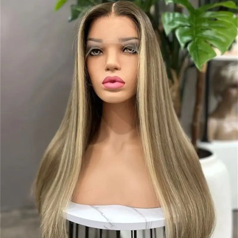 Ombre Brown Blonde Balayage Highlights Synthetic HD Lace Front Wig for Women Heat Resistant Wig Gluless Wig Long Straight Wig