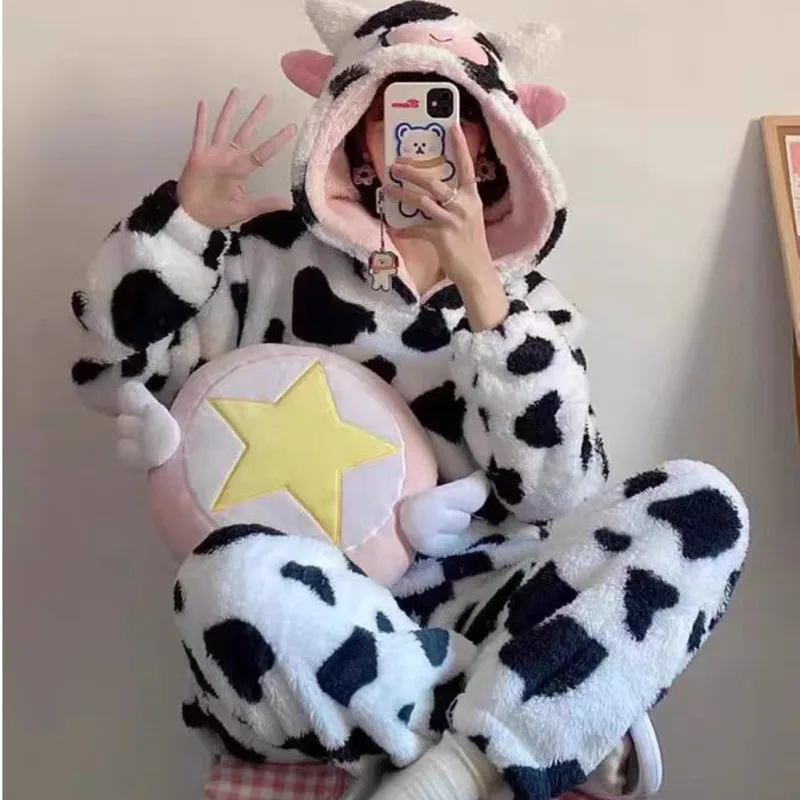 Kawaii Hood Cow Pajamas Sleeping Wear Female Winter Coral Plush Cute Girl Home Fur Pijama Set Fuzzy Korean Fashion Yk2 Pants Set