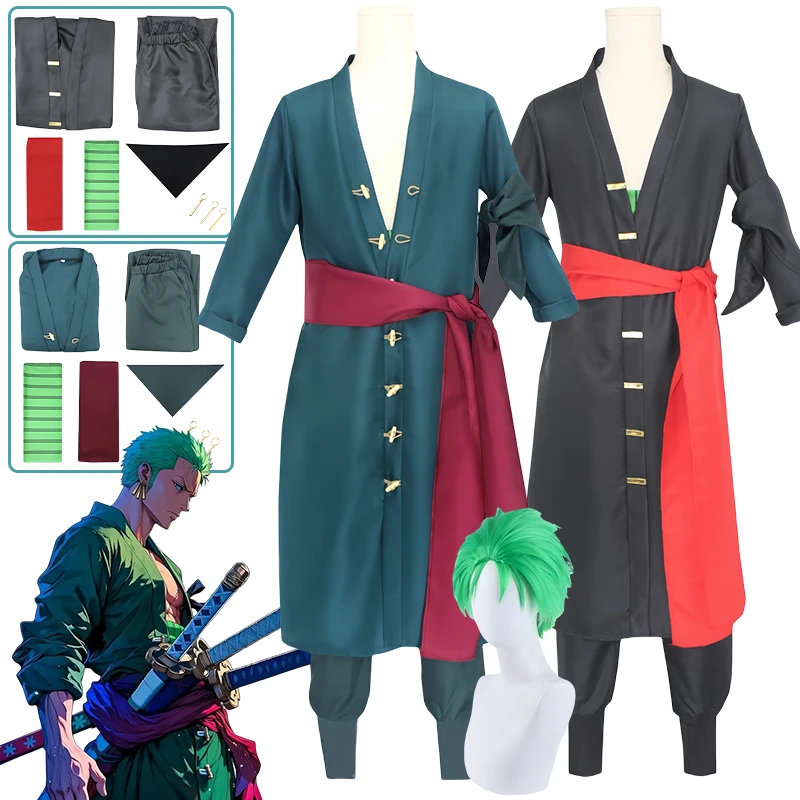 

Anime Roronoas Zoro Cosplay Costume Zoro Wig Zoro Green Black Uniform Outfits with Earrings Halloween for Men Women Comic Con
