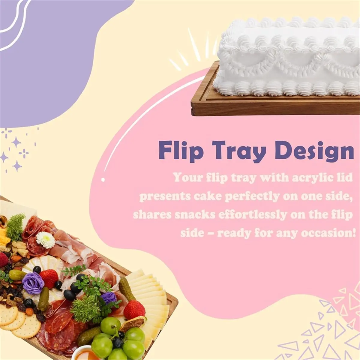 2026 New Wood Cake Stand & Acrylic Lid, Charcuterie Table Display Set, Wooden Dessert Board with Cover, Rectangle Flip Tray view 5