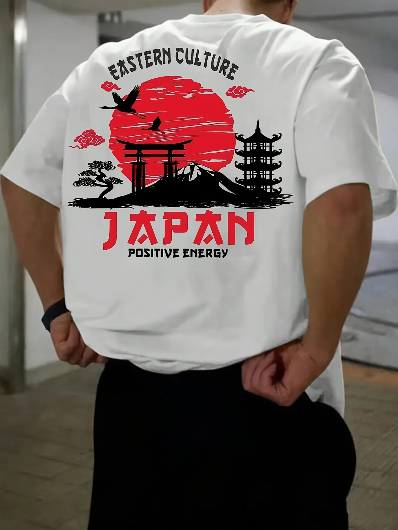 Japanese Style Red Sun Tower Printed Pure Cotton Men's and Women's T-shirts for Summer and Autumn Sports and Leisure, Loose Fit