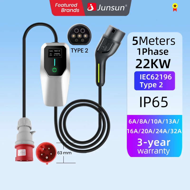 Junsun ev charger type 2 22KW 5meters 8A/10A/13A/16A/20A/24A/32A adjustable Car fast charging plug to plug chargeur for tesla