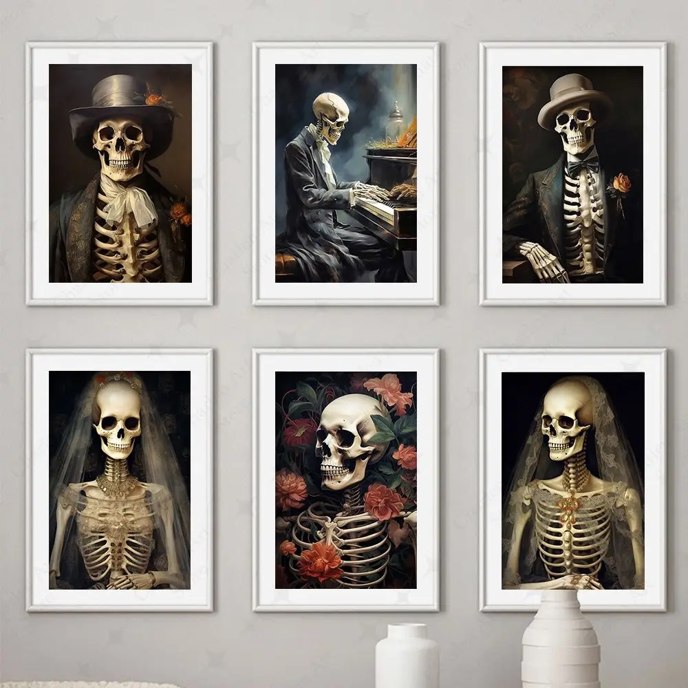 Pintura a óleo vintage de fantasma assustador, pôster de pianista esqueleto floral, decoração de quarto impressa