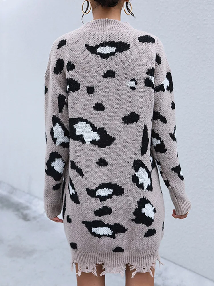 JIM & NORA Autumn And Winter Sweaters Creative Black White Printed Woolen Dresses Fashionable Casual Fit Worn Out V-neck