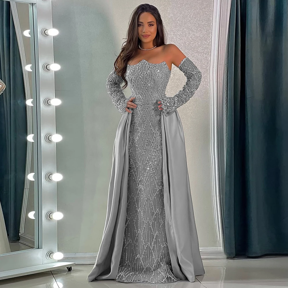 Robe de soirée sirène élégante à manches longues pour femmes, avec traîne détachable, perlée, robe formelle de bal de mariage, personnalisée, 2025