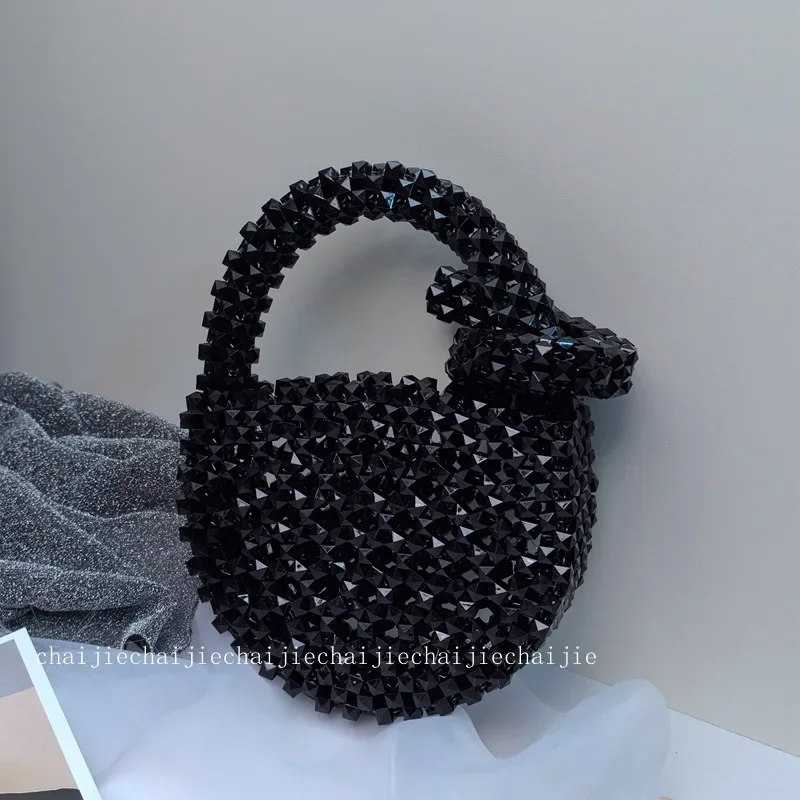 

New Handmade Beaded Round Women's Handbag Customized Female Designer Ins Versatile Black Twist Stick Handbag Party Banquet Bag