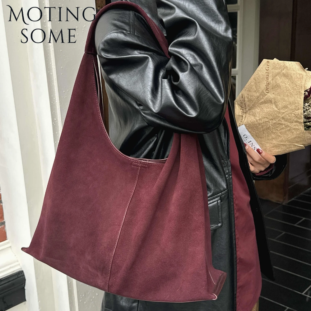 Motingsome Oversized 42cm Women Suede Bag Luxury Saddle Purses 100% Natural Suede Leather Causal Tote Rommy Commuting Purse 2024