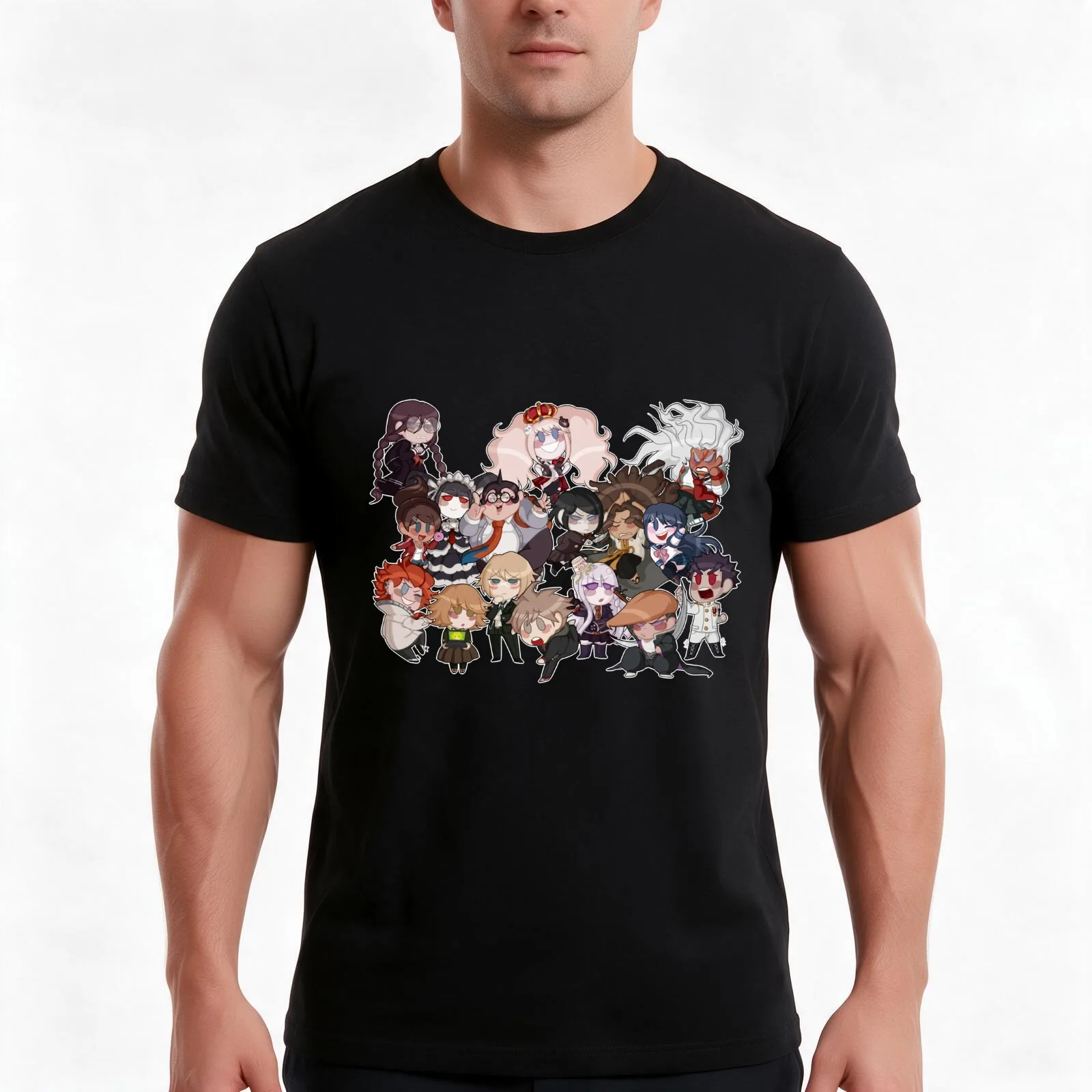 Dangan Ronpa Trigger Happy Havoc Chibi Set T-Shirt, Summer Casual Cotton Tee, Oversized Streetwear Tops, Vintage Graphic Print