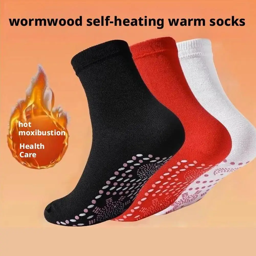 

3 Pairs Self-Heating Cotton Socks - Black Red White Tomalin Health Socks Mid-Tube Cold Resistant Sweat-Absorbing Massage Floor