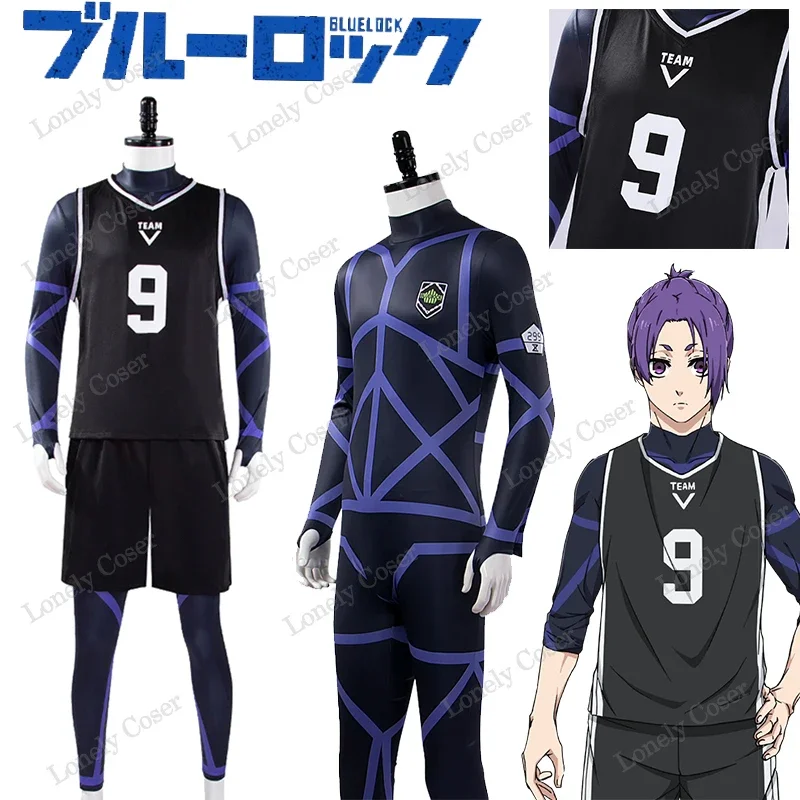 Anime Blue Lock Reo Mikage Cosplay Costume pour homme, perruque violette, #9, combinaison GlaShorts, uniforme d'équipe V, club de football, maillot sportif