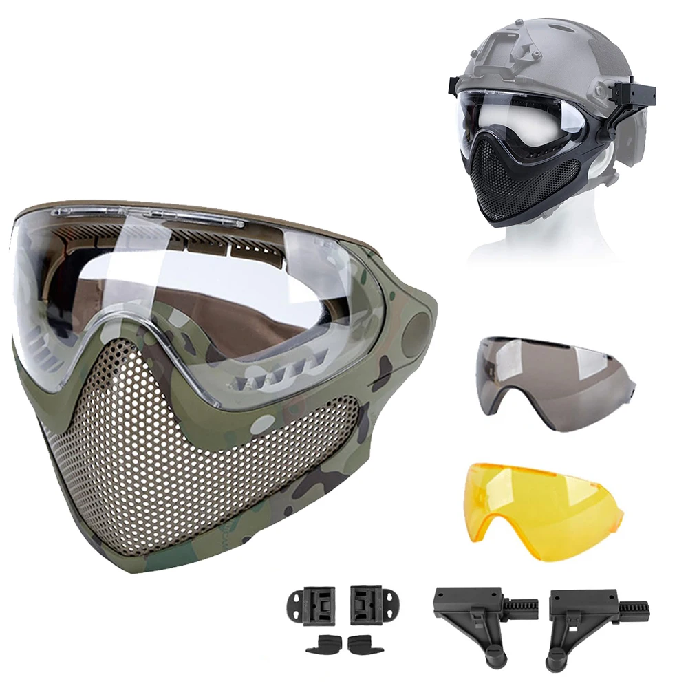 Full Face Breathable Steel Mesh Protective Mask, 2-mode Airsoft Mask, Anti-fog Goggle Set For Use With Tactical Helmet