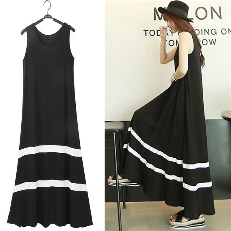 Свободное модальное длинное платье в корейском стиле, полосатое трапециевидное платье, летнее платье, женская одежда, макси-платье с высокой талией