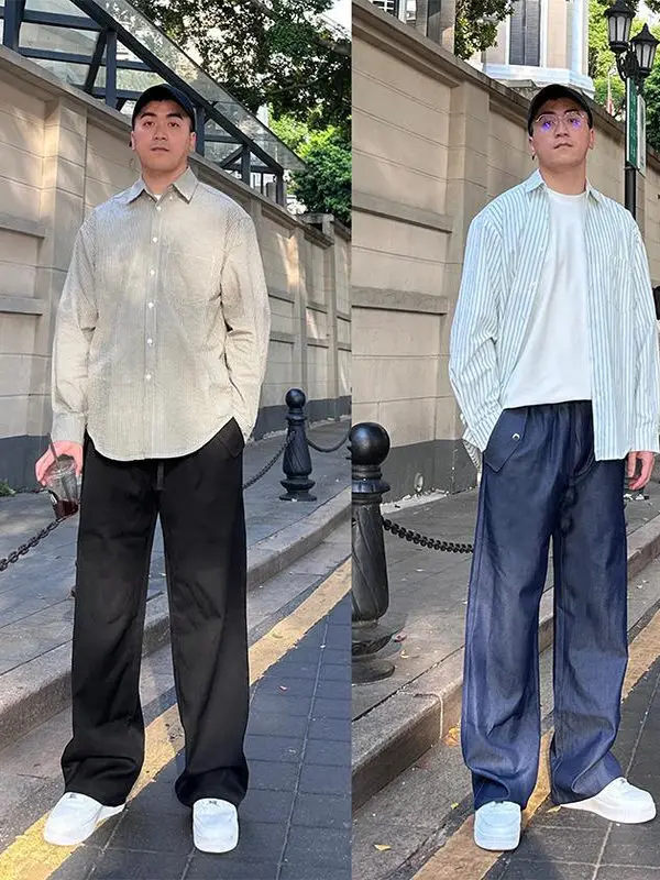 

plus Size Men's Casual Straight Leg Pants Draped Floor-Length Trousers Spring Autumn High Street Pure Color Faionable