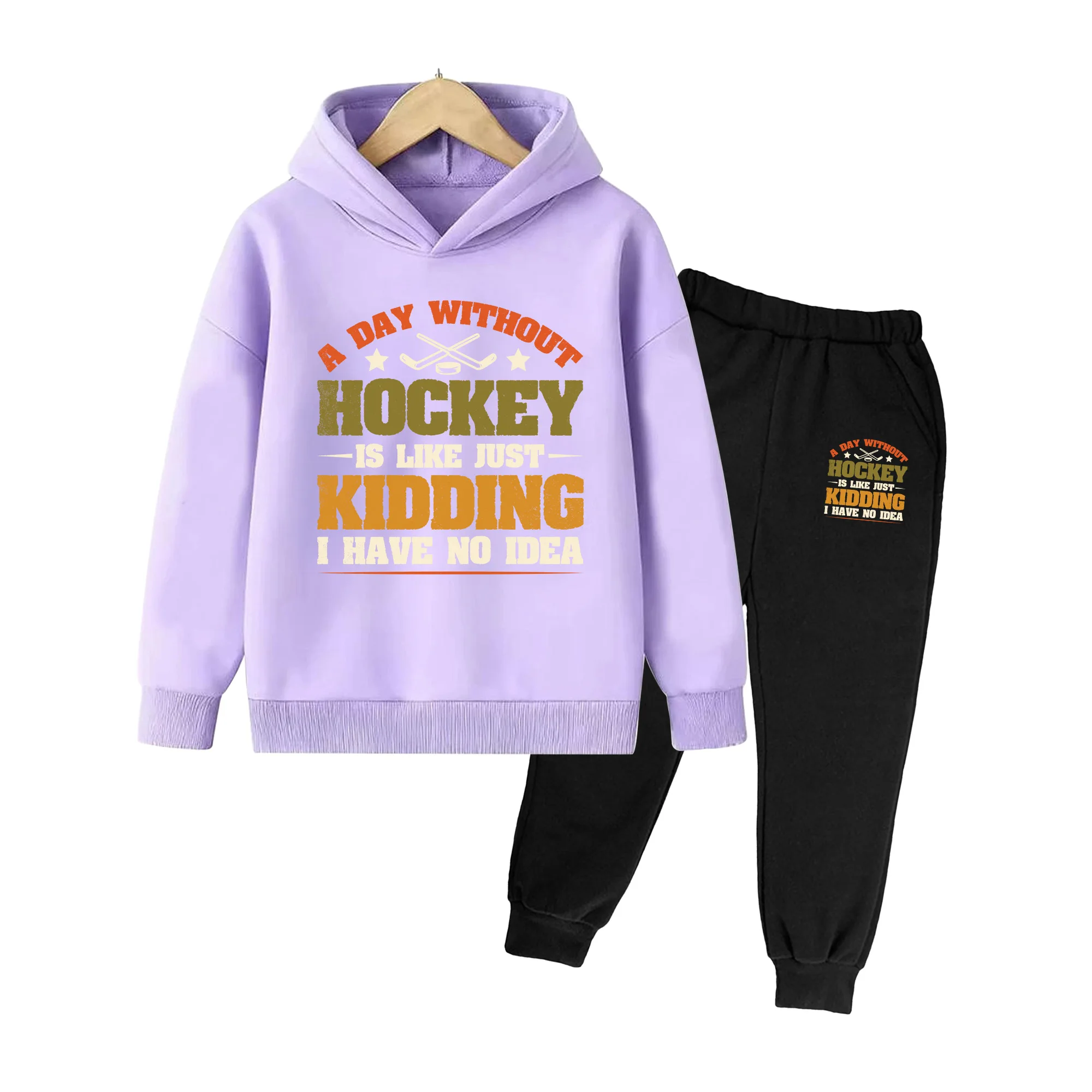 Kids Hoodie & Sweatpants Set, Vintage Hockey Print Casual Sportswear for Boys Girls Daily & Sports Wear