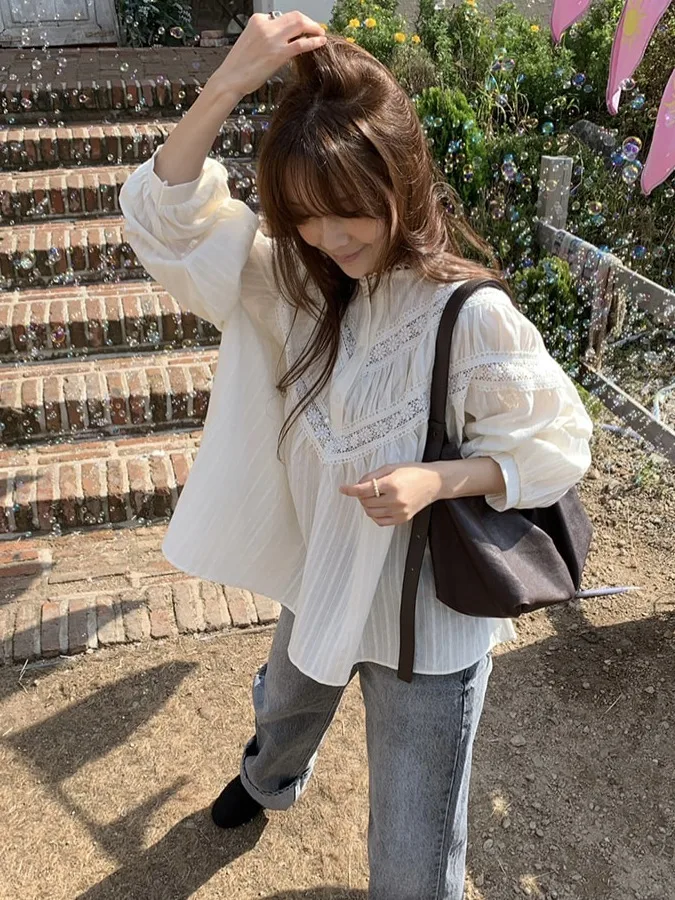 Chic Primavera Nuove Donne Coreano Sle Dolce Merletto Splice Bubble Sve irt Lungo Sve Button up Camicetta Faionable Ladies irt