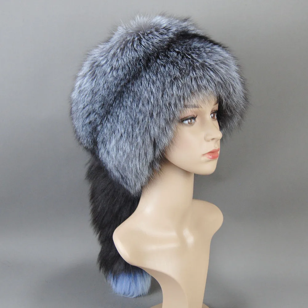 Thickened Snow Outdoor Russian Style Winter Cap For Women Handmade Warm Fluffy Outdoor Female Natural Fox Fur Tail Ushanka Hat