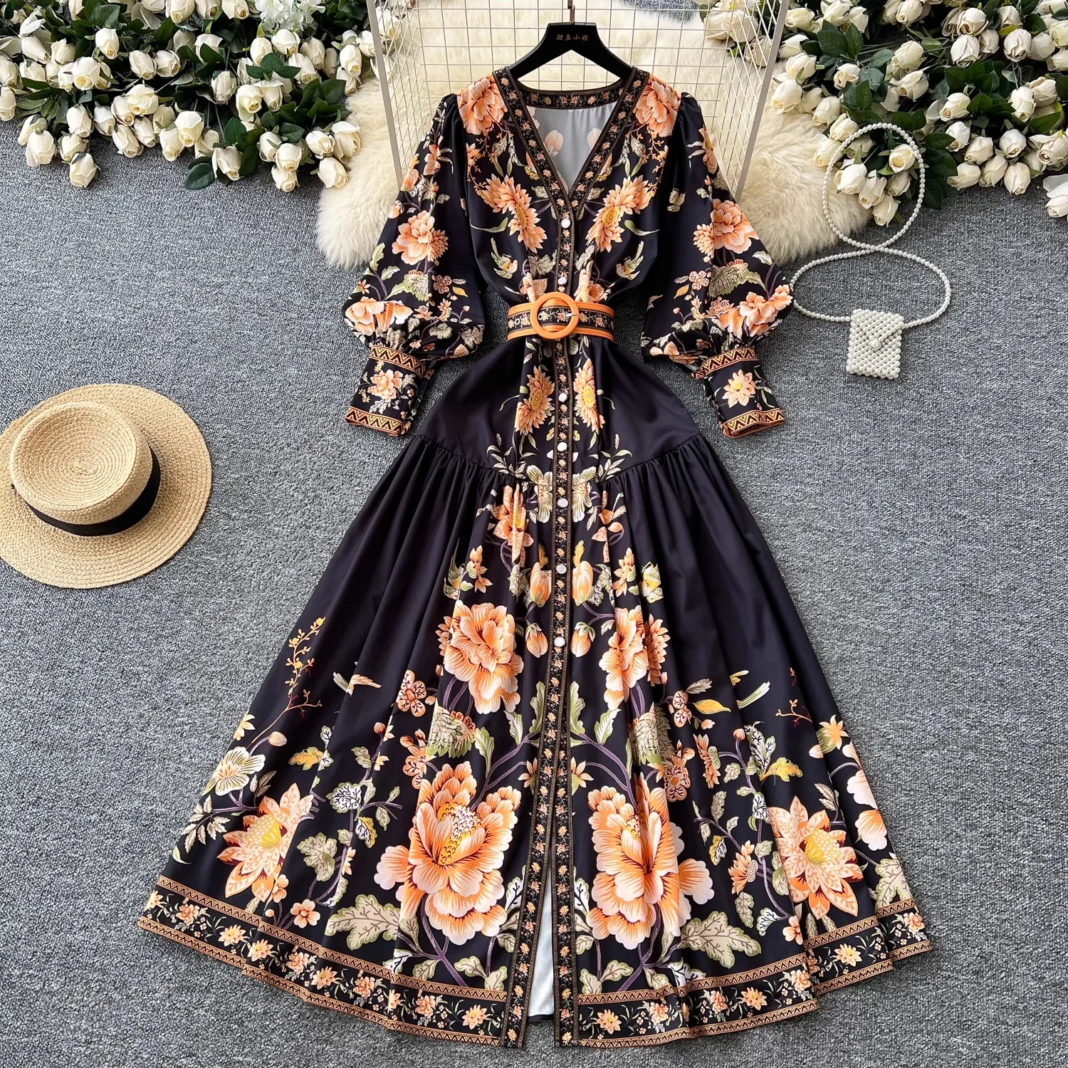 Férias de verão boho lindo flor maxi vestido feminino com decote em v lanterna manga floral impressão único breasted cinto longo festa vestidos