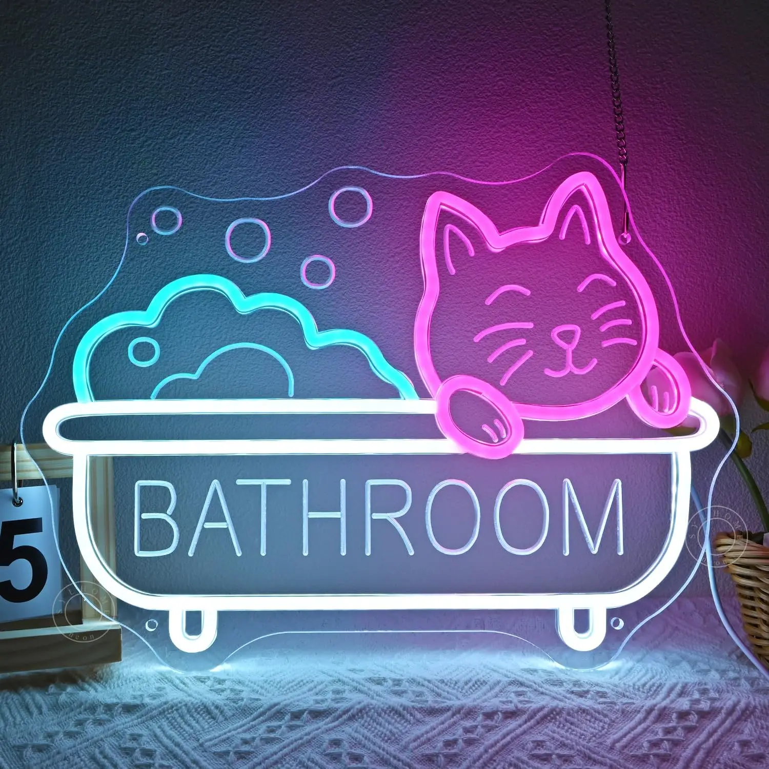 Bathroom Cat Neon Sign LED Wall Art Bubble Bath Tub Pink Blue USB Powered Dimmable Acrylic Glow Lamp Home Toilet Decor