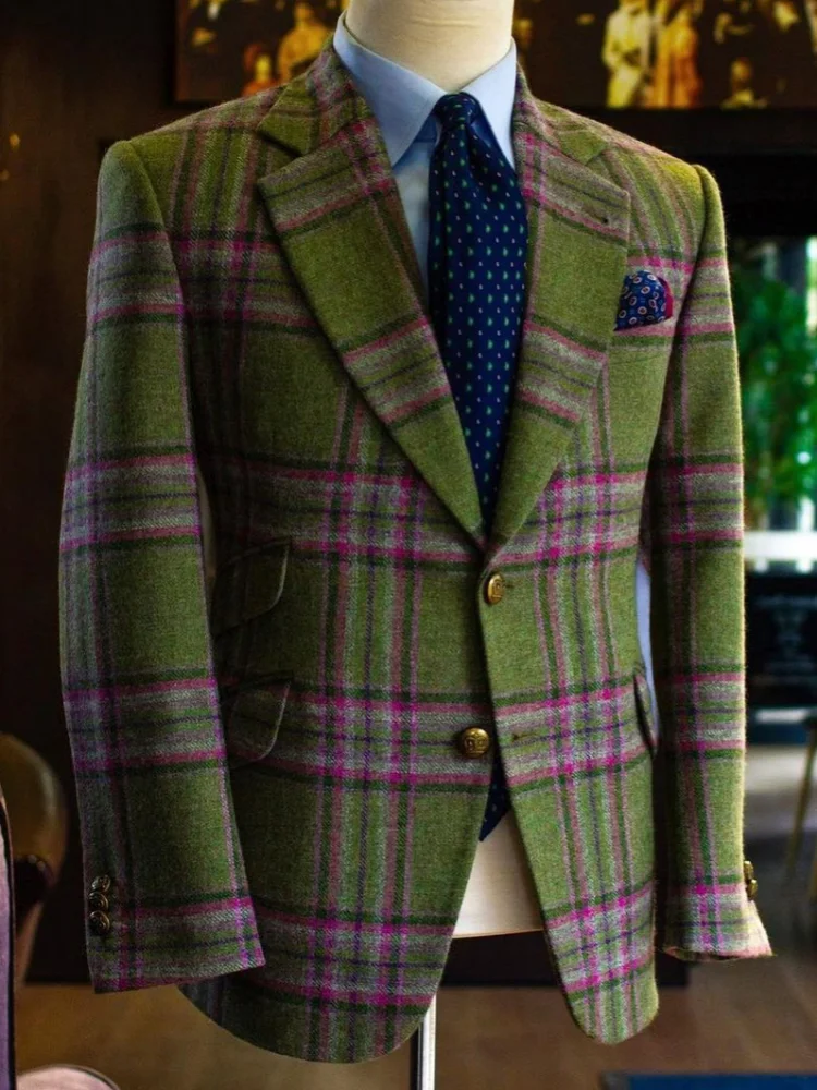 Mens Slim Fit Notched Lapel Two Button Green Pink Plaid Tweed Blazer Vintage Gentleman Formal Outerwear