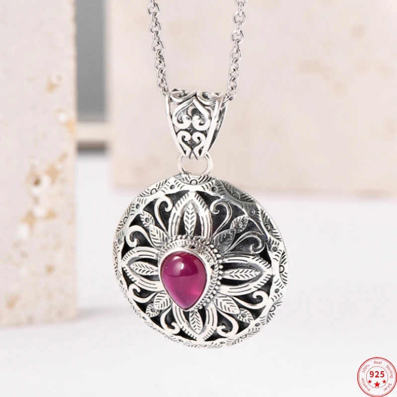 

S925 Sterling Silver Pendants for Women Men New Fashion Hollow out Circular Ancient Pattern Red Corundum Jewelry Free Shipping