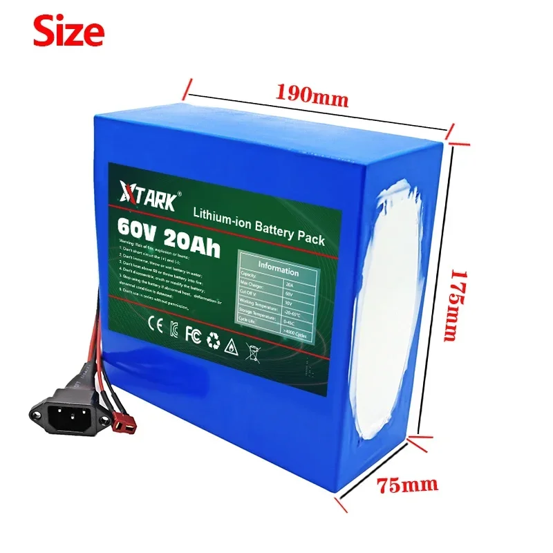 New 60V 20Ah 21700 Lithium Battery Pack 16S4P 1000W-3000W Motorcycle Scooter Battery +67.2V 2A Charger