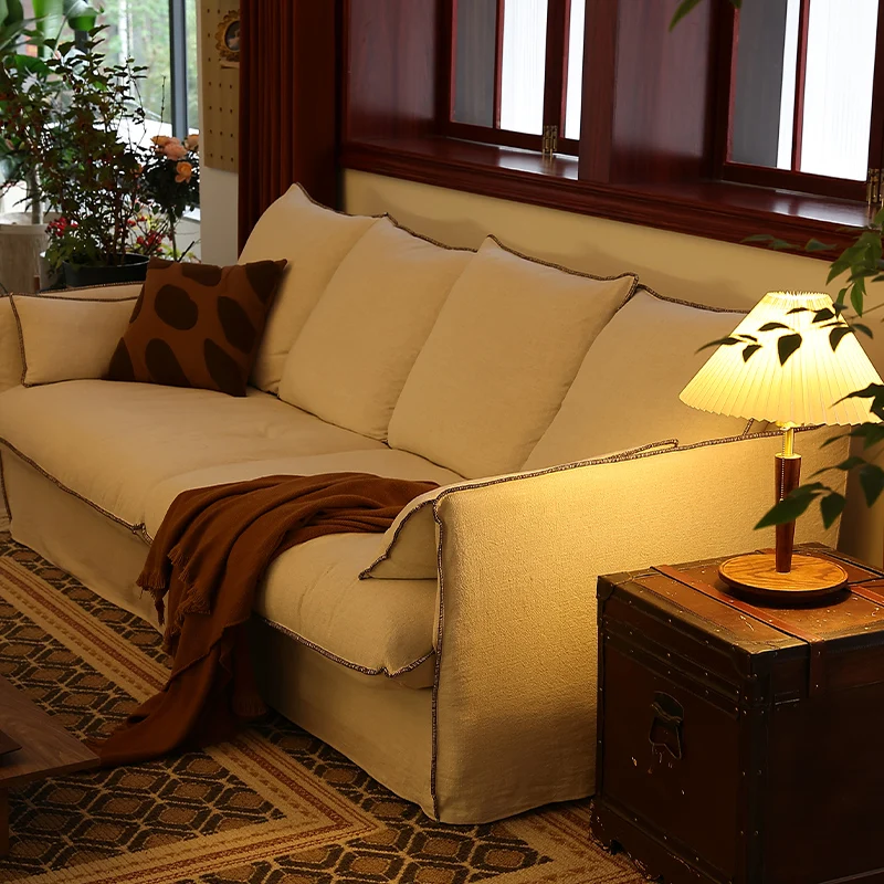 

Export Lazy Wind Down Sofa Small Apartment Super Soft Removable and Washable Three-person Wabi Sansan Wind Linen Fabric