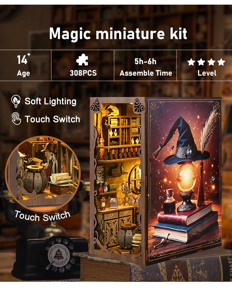 

Набор для самостоятельной сборки книжного уголка DIY: Волшебный мини-домик-книжный уголок «Кабинет волшебника», 3D-модель из дерева с бутылочками для зелий и волшебной палочкой