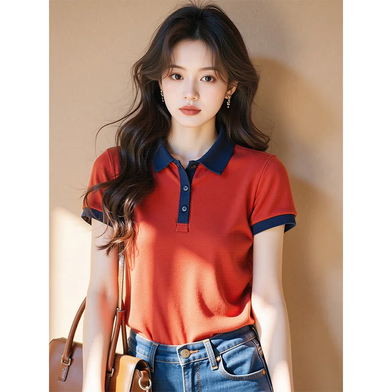 Office Lady Red Blue Contrasting Polo Collar Short-sleeved T-shirt Summer Women Sweet Chic Pullover Knitted Tops