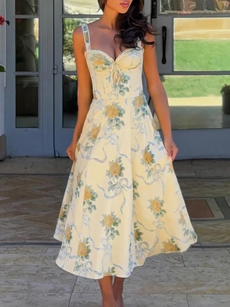 Verão floral impressão tubo topos halter vestido elegante fora do ombro estilo francês vestido de festa sexy sem mangas cintura alta a linha vestido