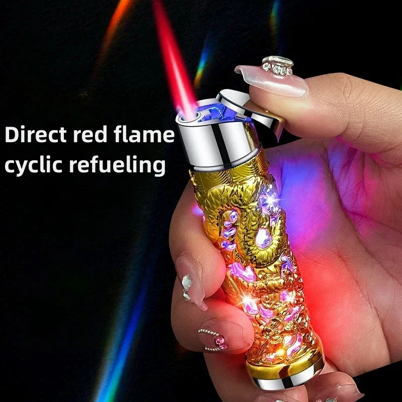 

Metal Windproof Red flame Straight Towards The Divine Dragon, Three-Dimensional Relief, Luminous Flash, Inflatable Lighter