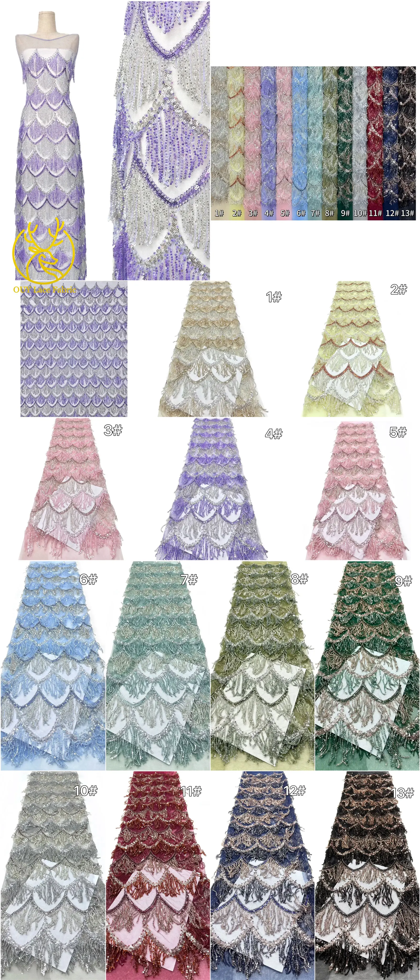 Hochwertiger nigerianischer 3D-Hängeperlen-Spitzenstoff, 5 Yards, hochwertiger französischer afrikanischer Pailletten-Spitzenstoff für Mädchen-Abendpartys – Detail 39