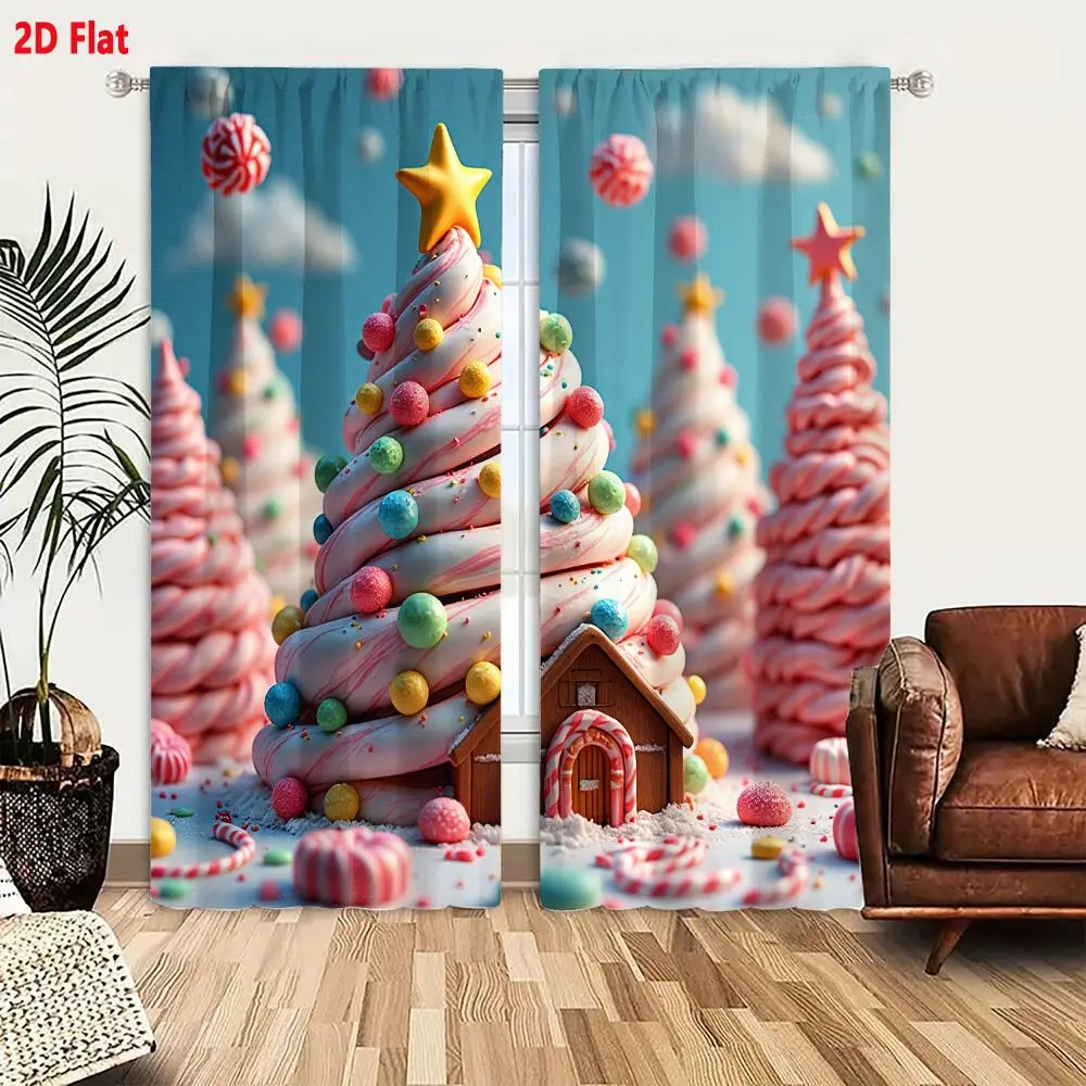 2Pcs Curtains 2D Flat Whimsical 3D-Rendered Candy-Coated Winter Wonderland Scene With Pink White Swirled Christmas Tree Yellow S