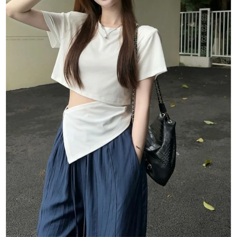

Irregular Splicing Fake Two-piece Front Shoulder Short-sleeved T-shirt Women's Summer Design Sense Hollow Waist Leakage Top