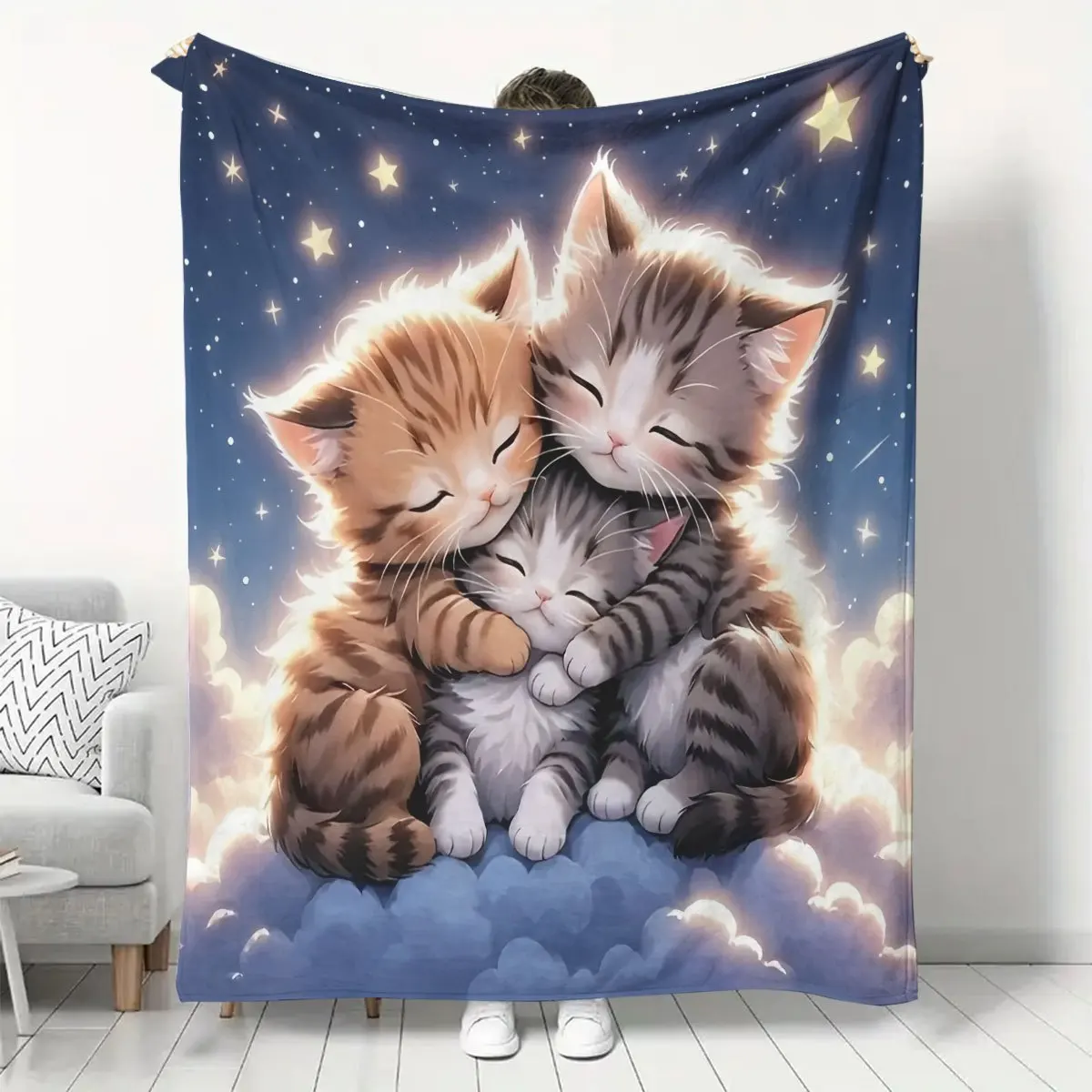 Kuschelige Flanelldecke mit Cartoon-Katzen – leichtes Polyester, ganzjähriges Katzenliebhaber-Geschenk zum Ruhestand, Geburtstag