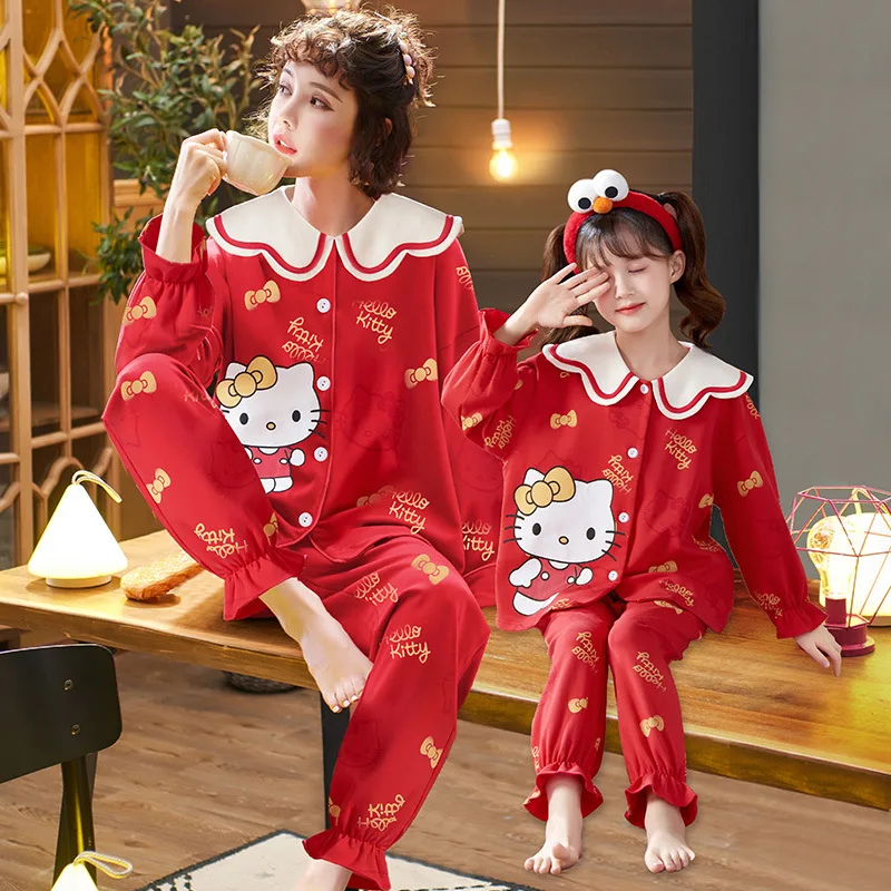 Sanrio cartoon animation Hello Kitty children's pajamas new autumn cotton long-sleeved parent-daughter pajamas loungewear set