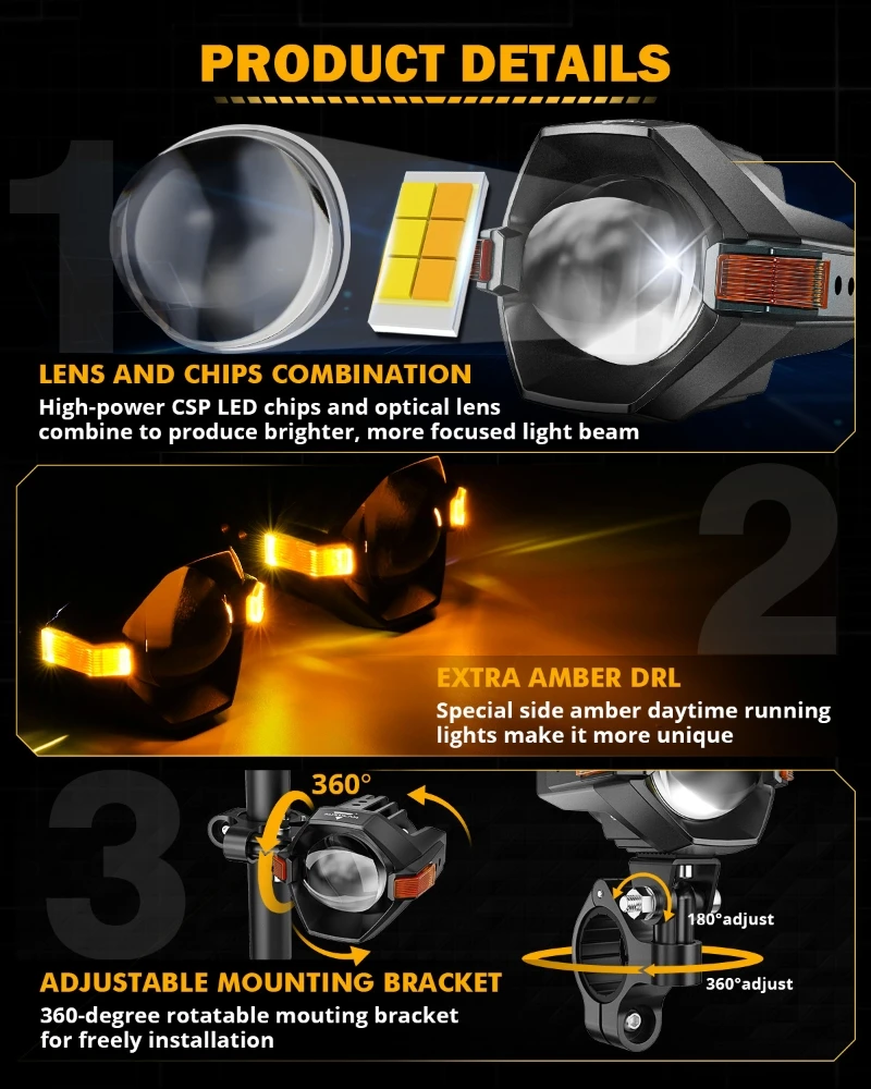 AUXBEAM MT8 3 INCH LED Motorcycle Spotlight PROJECTOR LENS HEADLIGHT 120W Yellow White DUAL COLOR SWITCHBACK DRL / Flashing