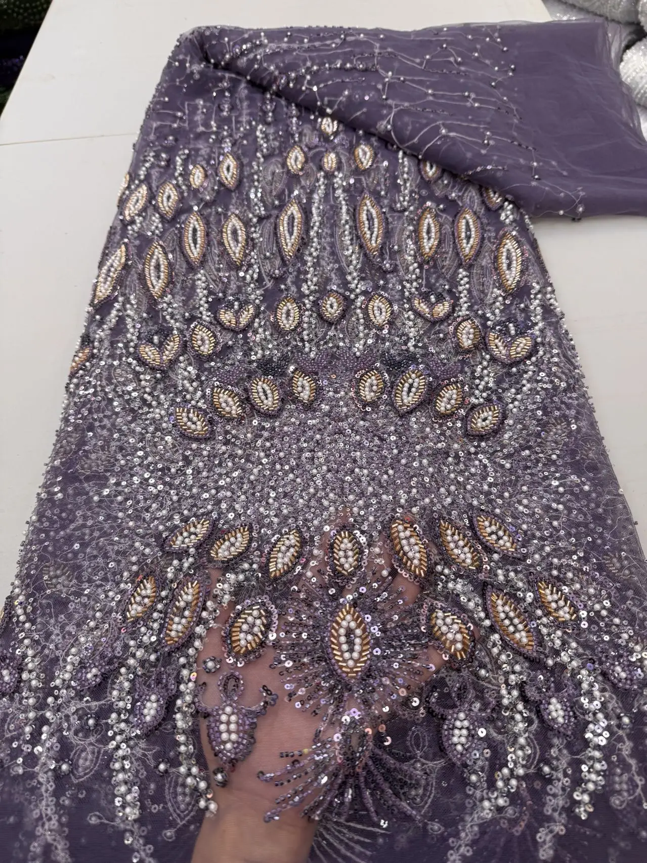 

African Luxury Sequins Lace Fabrics Latest Beaded Embroidery French Tulle Mesh Lace Fabric Material For Party Wedding
