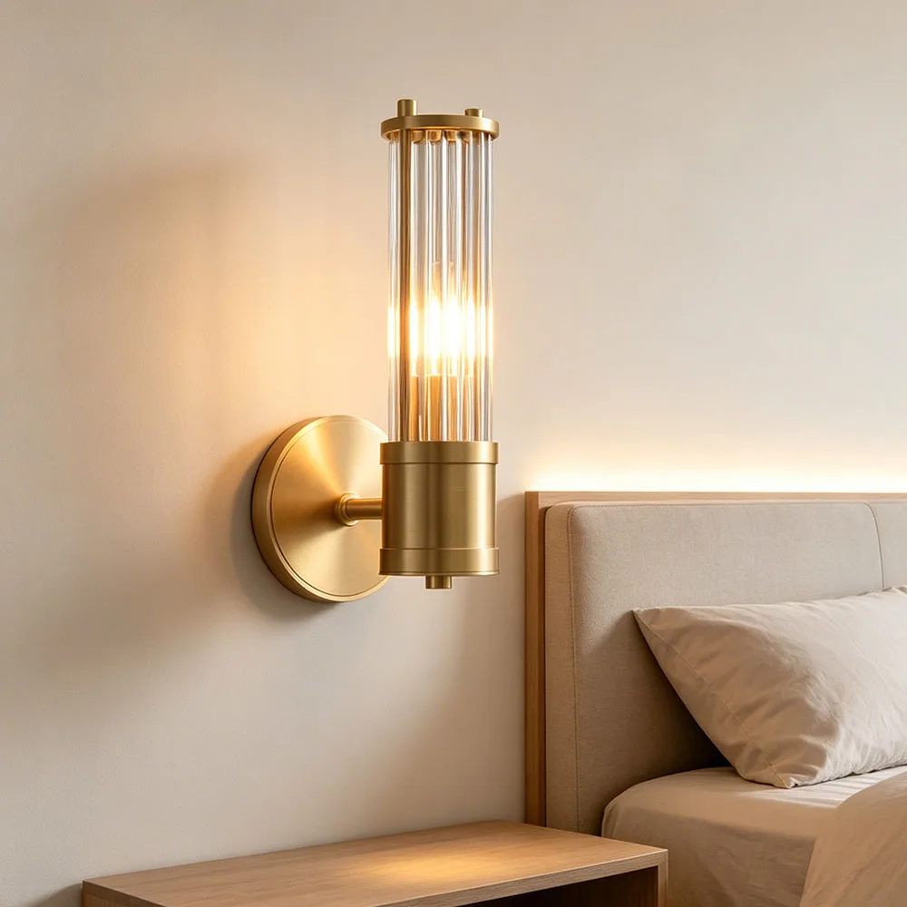 Modern Vertical Glass Tube Wall Sconce Brass Finish Indoor Lighting For Bedroom Bathroom Hallway Decor Wall Lamp