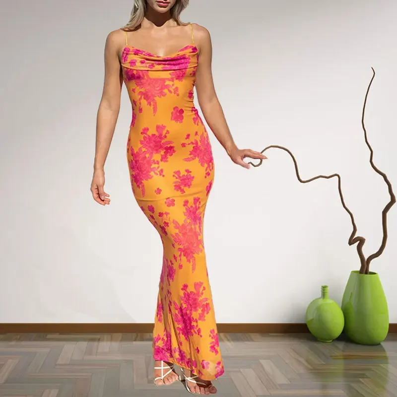 

Backless Lace Up Slip Dress Summer Women Flower Print Sweetheart Sexy Slim Bodycon Dresses Y2k Elegant Mermaid Partywear Платье