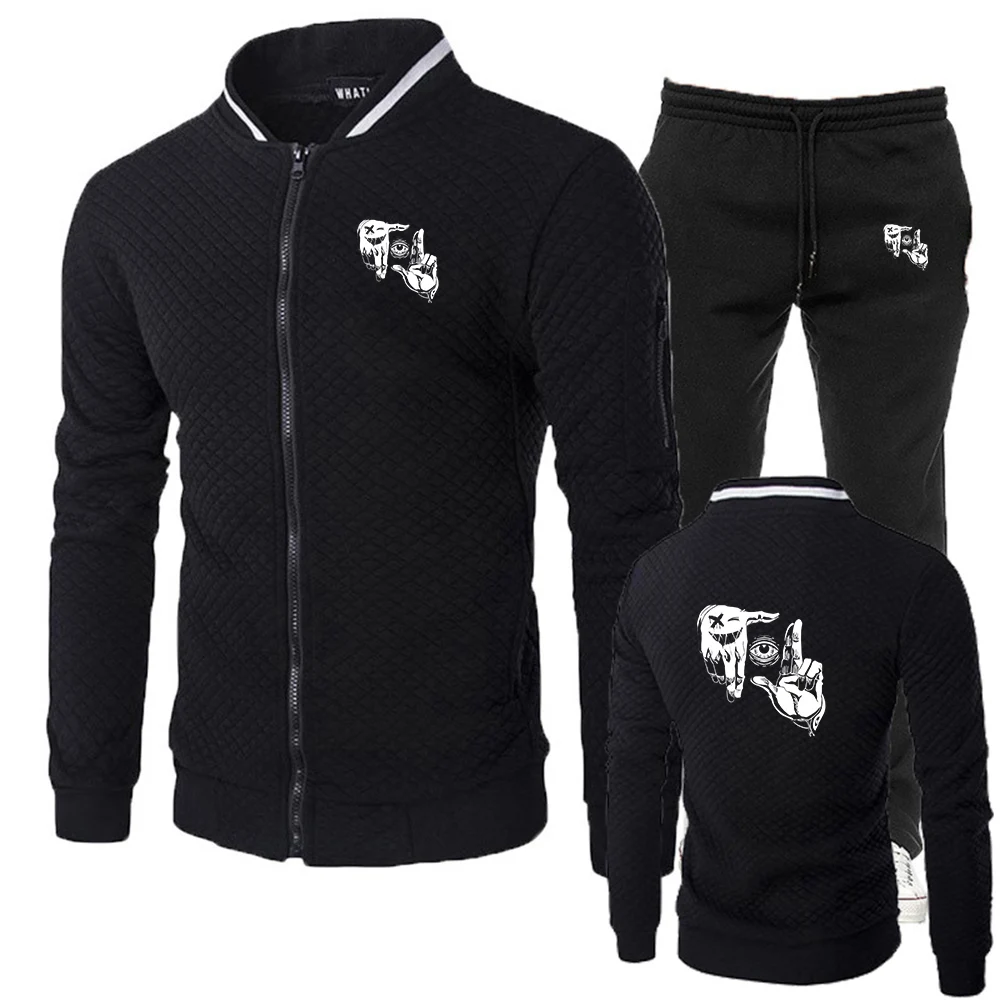 

2025 Men's gesture eye Print New Spring And Autumn Slim fit Set Stand-up Collar Zipper Hooded+Sweatpant Tracksuit