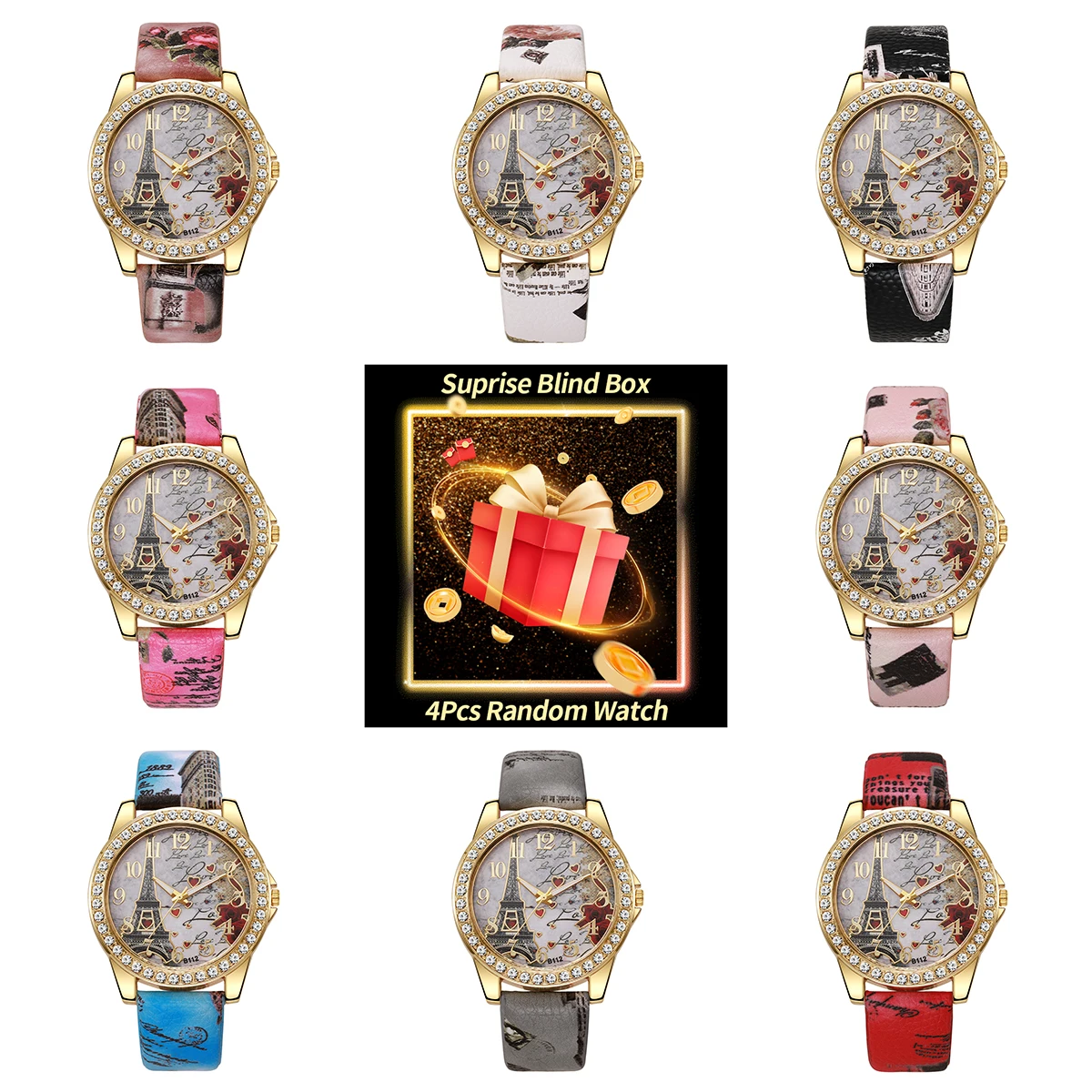 

4PCS Surprise Mystery Box-Fashion Women Watch Ladies Rhinestone Arabic Dial Quartz Watches Color Random（Without Box）