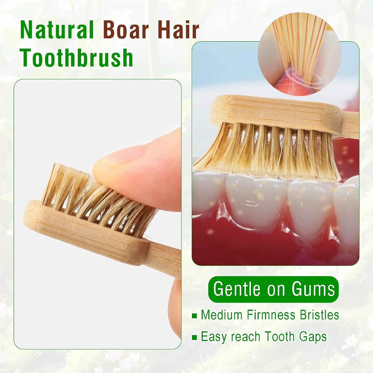1 / 6 Pcs Horse Bristles & Bamboo Toothbrushes Premium Boar Bristle Toothbrush for Adult Eco-Friendly Biodegradable Zero Waste