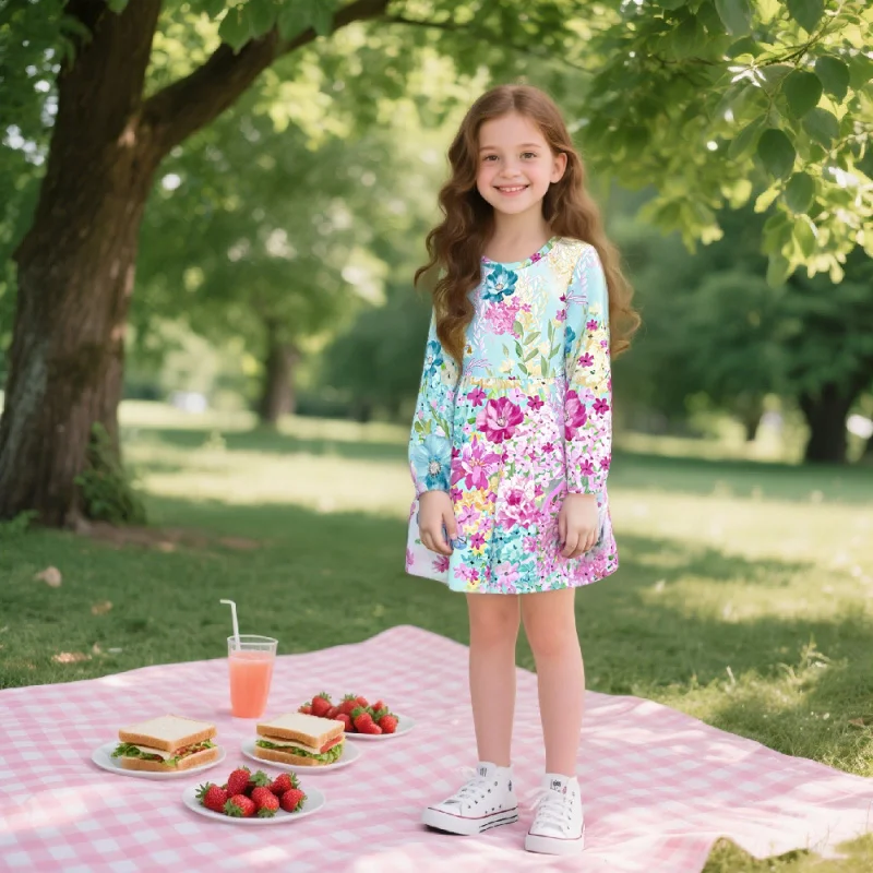 

2025 Spring and Autumn Pastoral Style Long-sleeved Dress - Girls' Sweet Colorful Floral Print Children's Princess Dress